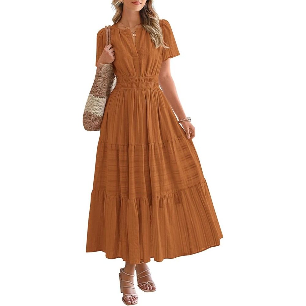 Women's Brown Orange V Neck Short Sleeve A Line Summer Casual Maxi Dress Pockets